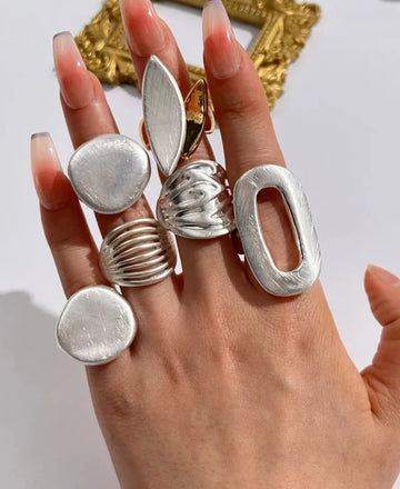 Riolio Chunky Sliver Color Rings for Women Men Elastic Rope Connection Irregular Geometric Hollow Matte Fashion Trend Jewelry